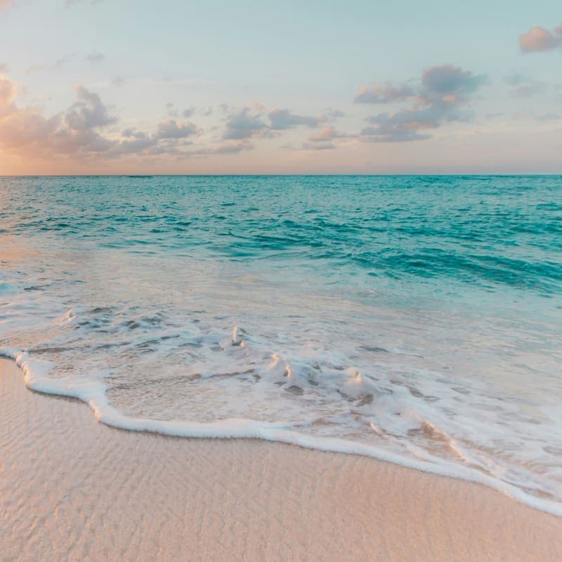 Shallow foam running up wet sand, with a calm pale sea and low cloud beyond.